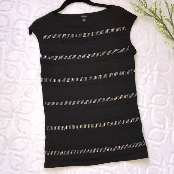 ANN TAYLOR Black Beaded Cap Sleeve Top Size SmallP - Picture 2 of 8